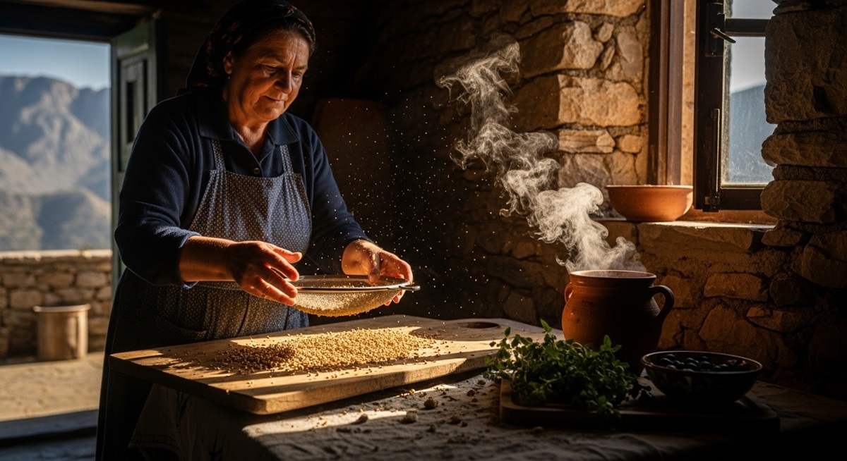 The Sacred Hearth: Trahanas Soup with Wild Greens—A Byzantine & Pastoral Comfort 11