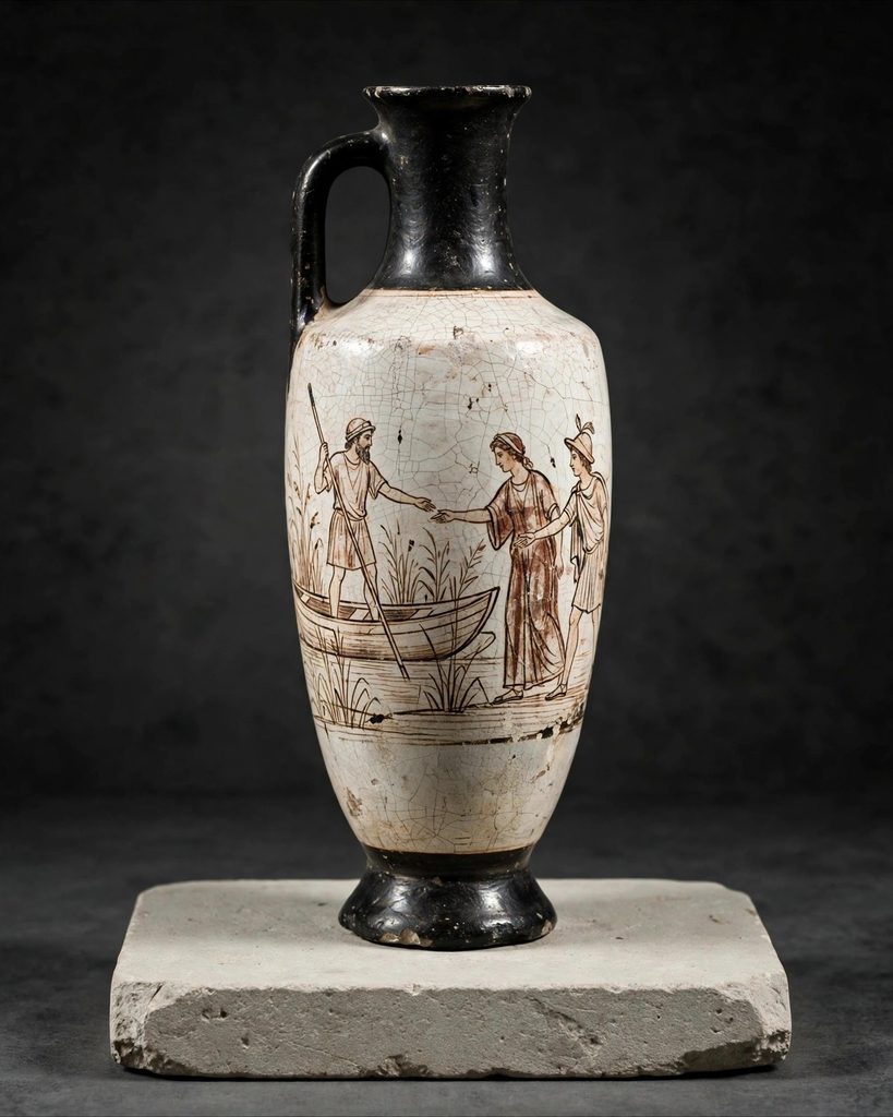 Ancient Greek white-ground oil flask painted with a boatman in a small boat reaching toward a woman led by a messenger