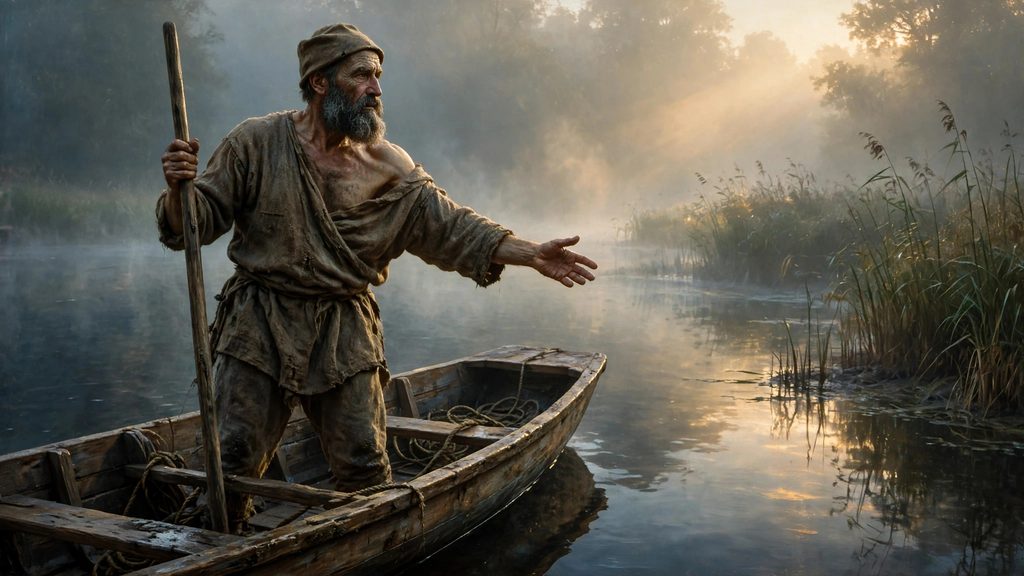 A wide painting of a weathered old ferryman in a tunic standing in a wooden boat holding a long pole amidst misty river reeds at dawn.