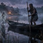 An old bearded ferryman with a pole stands in a wooden boat among reeds at dusk while pale figures of the dead wait on the shore