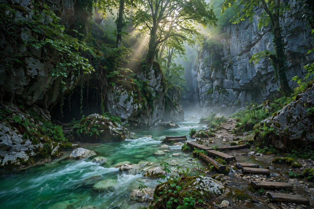 Clear green river water flowing between tall limestone gorge walls and plane trees at the springs of the Acheron in Epirus