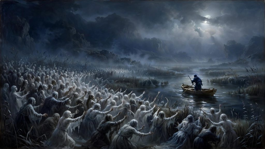 A wide painting of ghostly figures gathered on a dark riverbank at twilight reaching out toward a small wooden ferry in the distance.