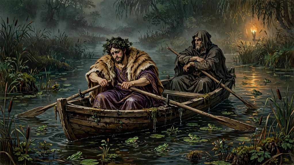 A wide classical painting showing the god Dionysus in a small wooden boat rowing across a misty marsh surrounded by swimming frogs.