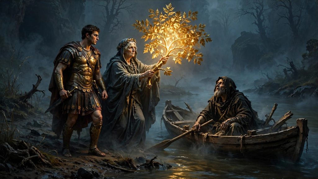 A wide painting showing the Sibyl presenting a glowing golden tree branch to Charon on a misty riverbank in front of Aeneas.