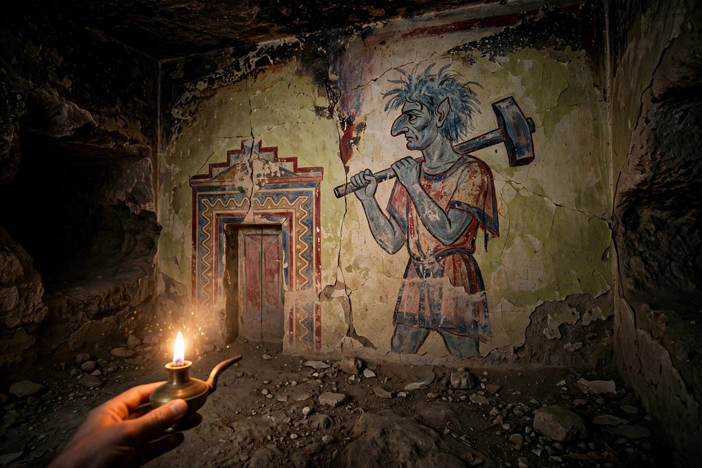 Faded Etruscan tomb fresco of a grey-blue underworld guardian with a hooked nose holding a hammer beside a painted doorway