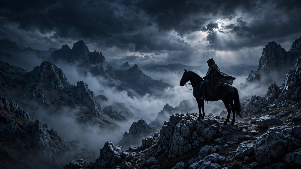 A dramatic widescreen photograph of a dark cloaked rider on a black horse positioned on a rocky mountain ridge under a stormy moonlit sky.