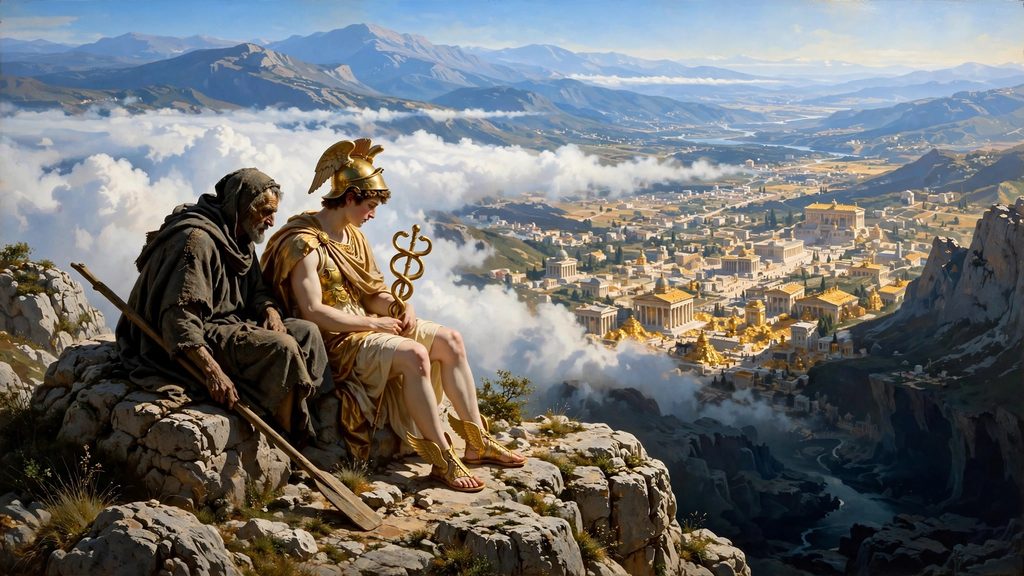 A wide painting of Hermes and Charon sitting on a high mountain peak looking down upon sunlit cities beneath drifting clouds.
