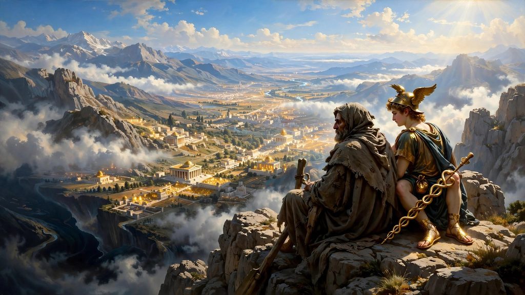 A wide painting of Hermes and Charon sitting on a high mountain peak looking down upon sunlit cities beneath drifting clouds.