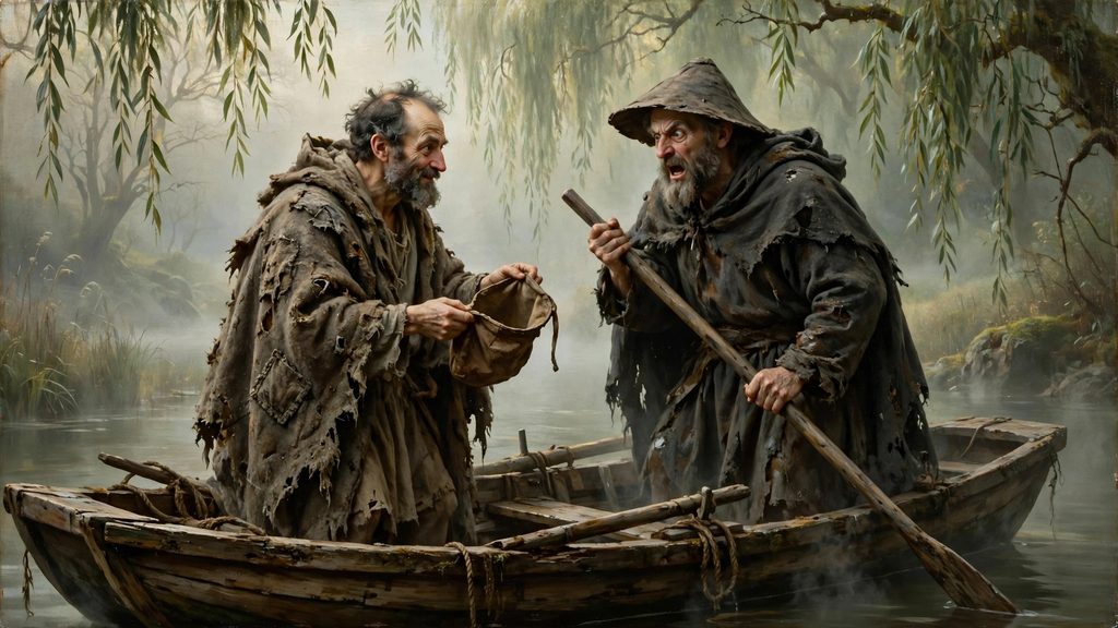 A wide painting showing a smiling philosopher in a tattered cloak turning out his empty pockets to a baffled ferryman in a boat.
