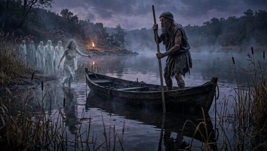 An old bearded ferryman with a pole stands in a wooden boat among reeds at dusk while pale figures of the dead wait on the shore