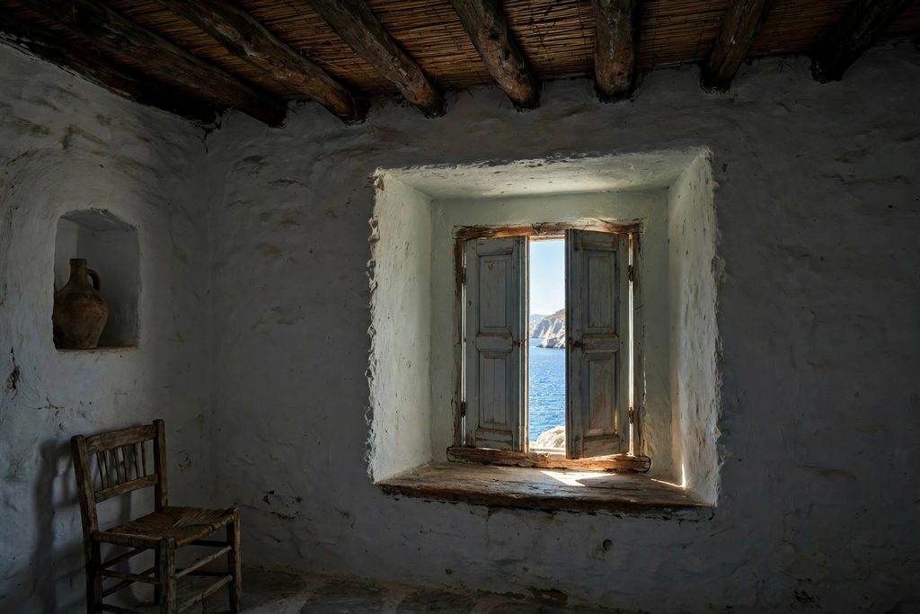A small window set deep in a thick whitewashed stone wall inside a dim traditional Cycladic room with juniper ceiling beams.