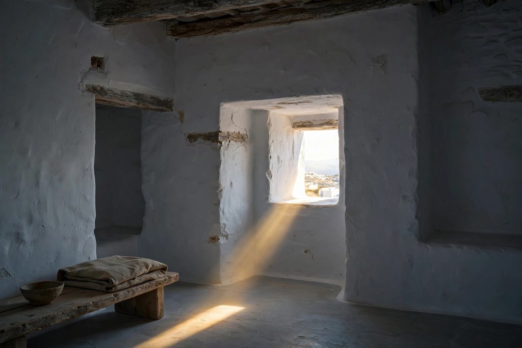 The dim, cool interior of a traditional Cycladic white stone house, showing thick walls and a deep window casting a soft beam of light onto the floor.