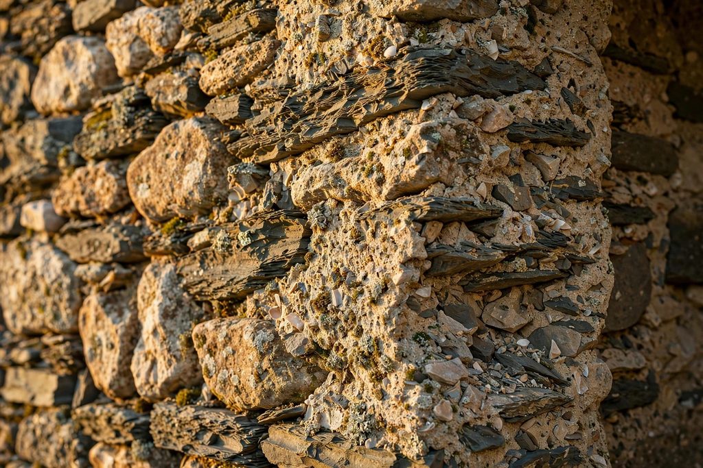 A close-up view of a thick, rustic stone and lime mortar wall typical of traditional Cycladic architecture, showing rough-hewn fieldstones and deep textures.