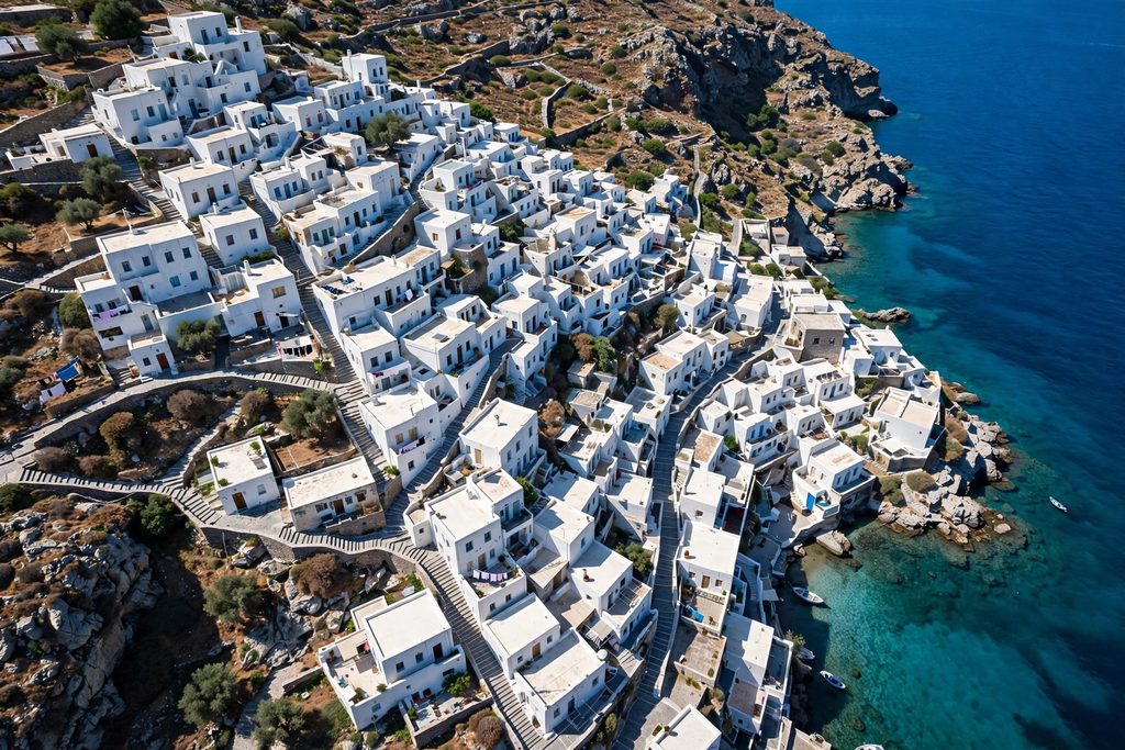 An aerial view of a traditional whitewashed Greek village clustered tightly on a steep hill cascading down toward the deep blue Aegean sea.