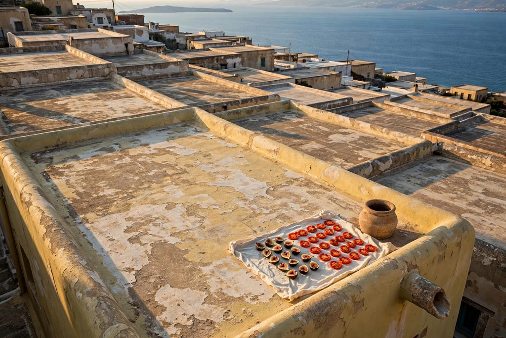Flat whitewashed rooftops of a Cycladic village with low parapets, a stone rain spout and figs drying on a sheet, stepping down toward the sea.
