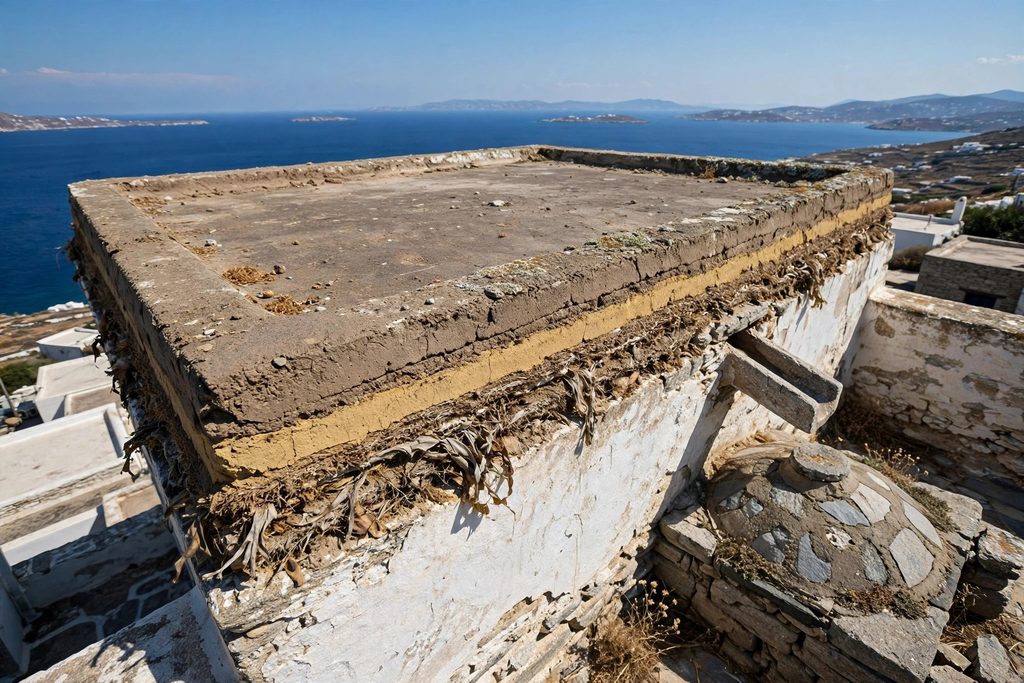A flat earthen roof of a traditional island house with a stone drainage spout overlooking the blue sea, built to catch rainwater for a cistern.