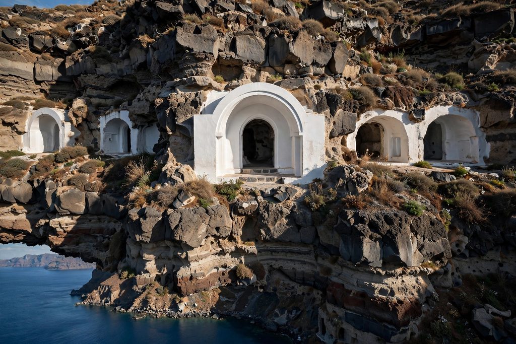 Traditional white cave houses with arched vaults carved directly into the steep volcanic cliffside of Santorini overlooking the sea.