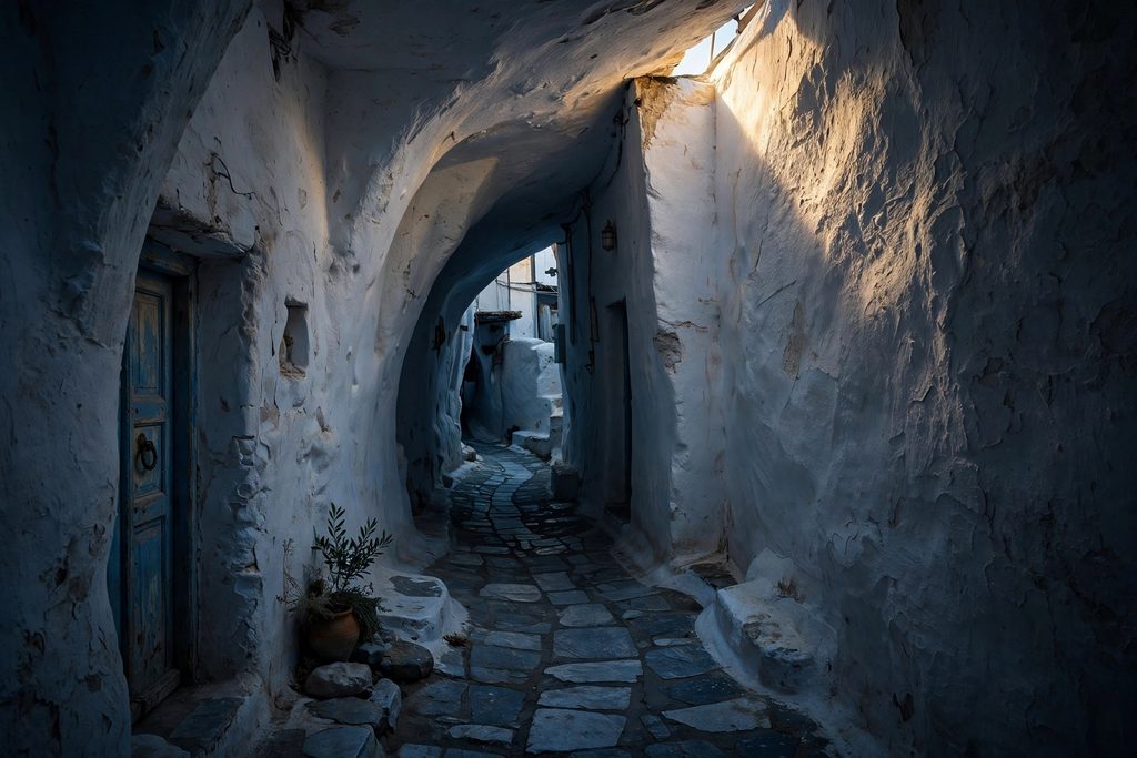 A narrow, winding, shaded alleyway between whitewashed traditional houses in a Greek island village, showing deep shadows and bright sunlit corners.