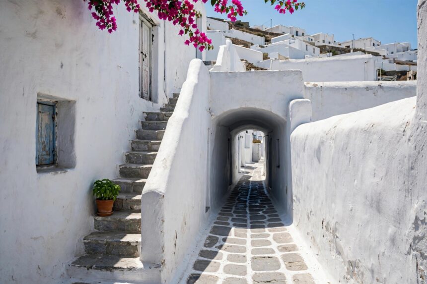 A narrow whitewashed lane in a Cycladic village with thick stone walls, an outdoor stair, a small blue-shuttered window and an arch casting shade at midday.