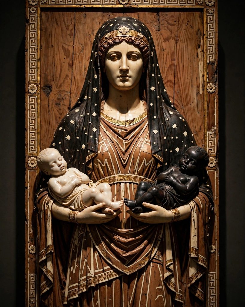 Carved relief of a veiled woman holding a sleeping pale infant and a dark infant, representing Night with Sleep and Death