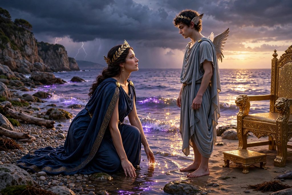 Hera kneels on a shore with one hand on the earth and one in the sea, swearing an oath to a winged young god beside a golden throne
