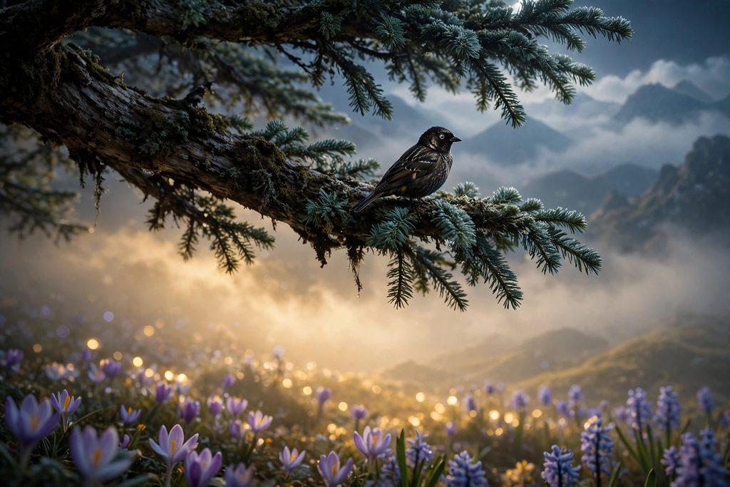 A small dark bird perched high in a giant fir above the mist at night, with a glowing golden cloud on the mountain below