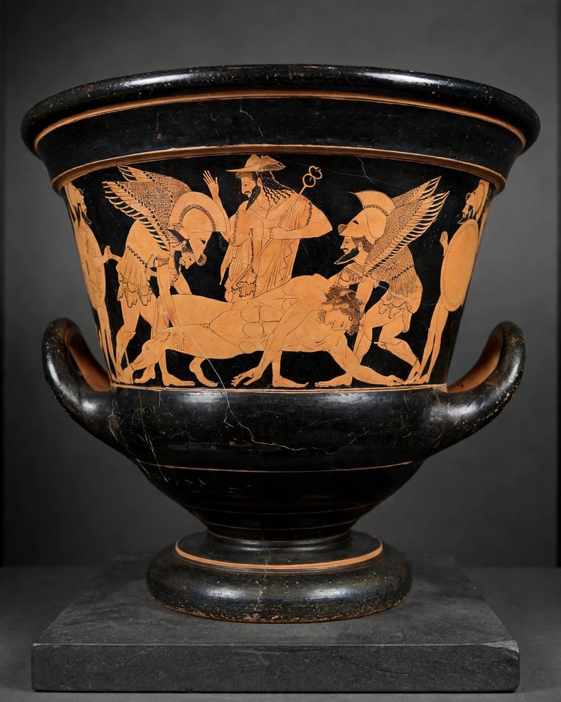 Red-figure Greek vase showing two winged warriors lifting the body of a fallen young hero while a messenger god watches
