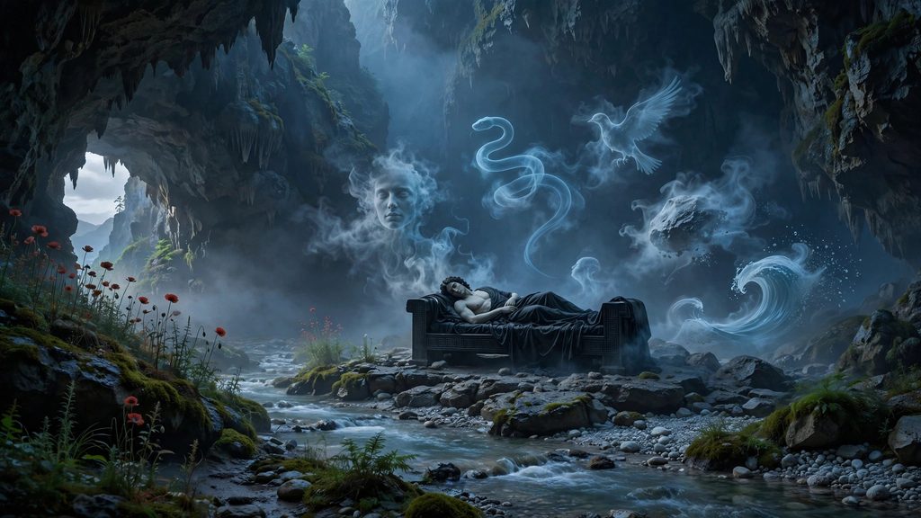 A misty cave where a sleeping god reclines on a black couch surrounded by ghostly dream figures beside a stream and red poppies