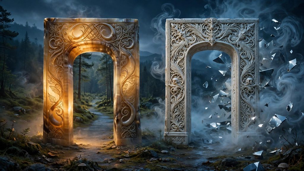 Two tall ancient gates at night, one of glowing translucent horn and one of carved ivory, with dream mist drifting toward them