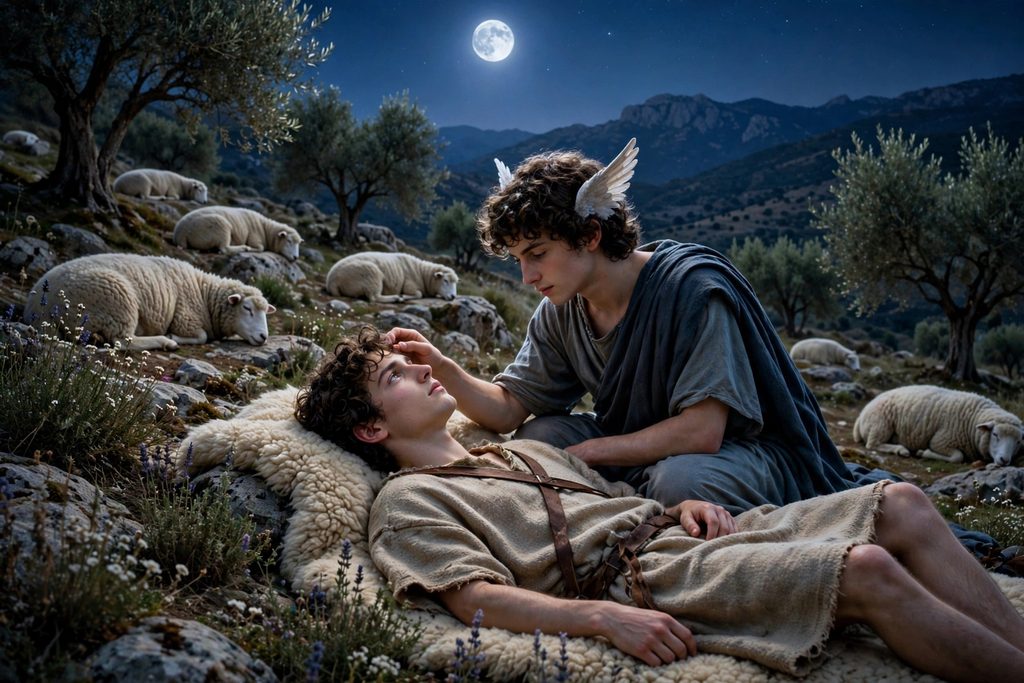 A winged god kneels beside a sleeping shepherd on a moonlit hillside and gazes into his open eyes