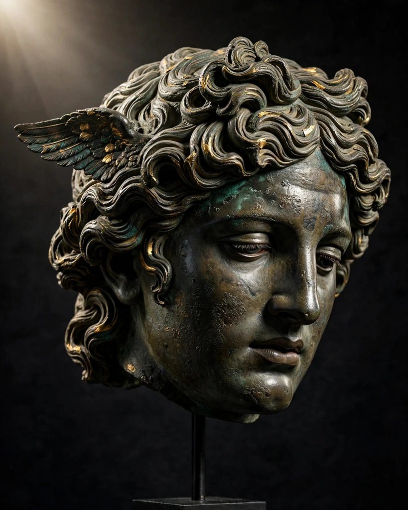 Ancient bronze head of a serene young god with a single feathered wing growing from his temple against a dark background
