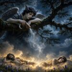 Winged young god of sleep in a fir tree at night pouring silver mist from a horn over a golden cloud on a mountain summit