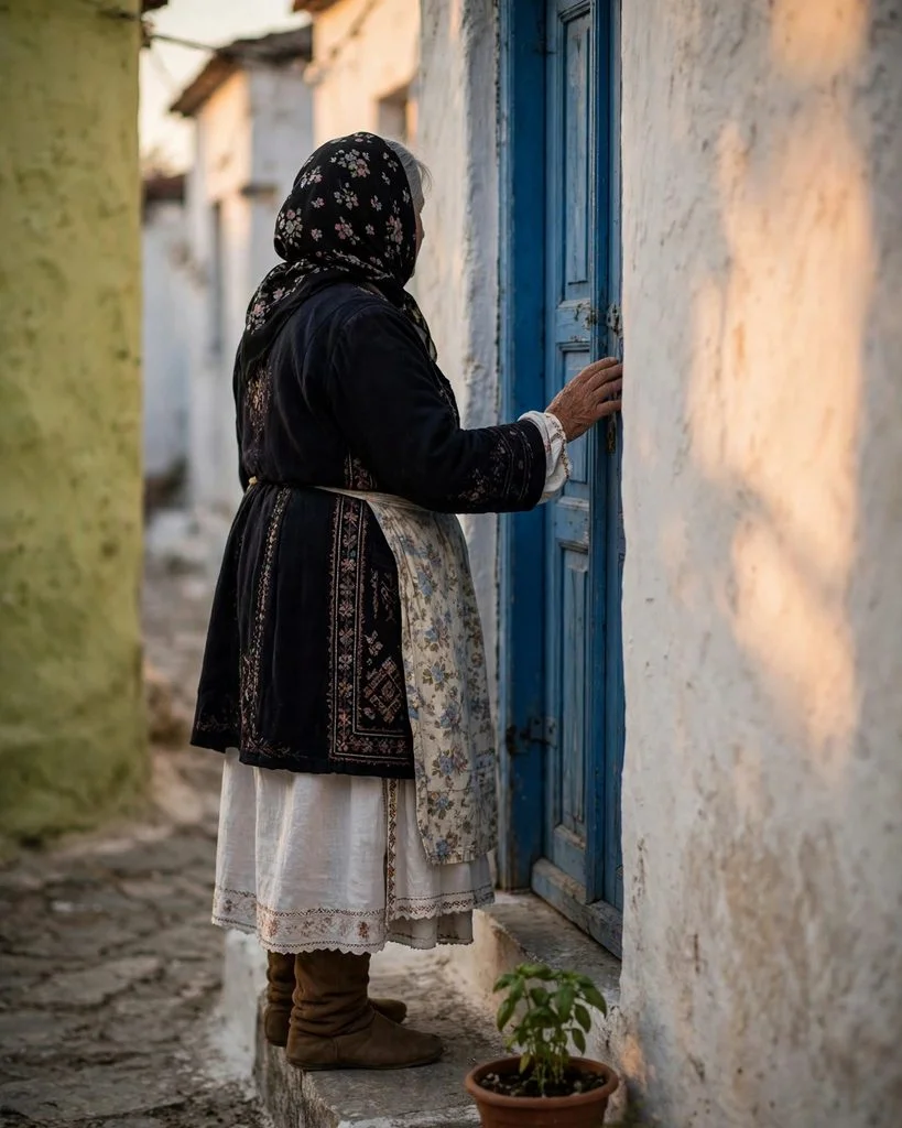 An older woman in the traditional embroidered dress, flowered apron, headscarf and leather boots of Olympos, standing at a blue door in a whitewashed lane.