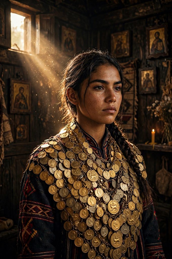 A portrait of a young Greek woman in traditional dress, her chest covered in rows of gold coins, standing in a rustic, sunlit traditional home interior.