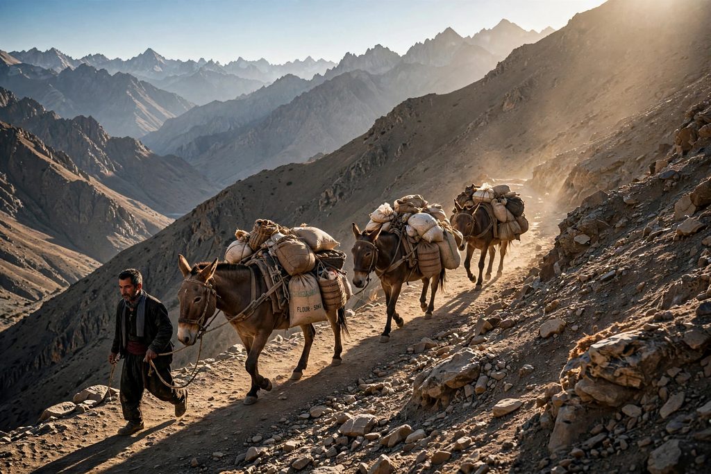 A documentary photograph showing laden mules navigating a narrow, steep, rocky dirt switchback path on a barren mountainside in Greece.