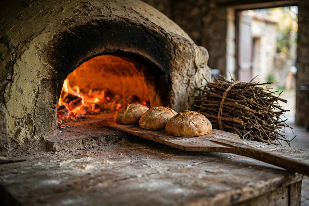 A domed stone bread oven glowing with embers in Olympos, with round loaves on a wooden peel at its mouth.