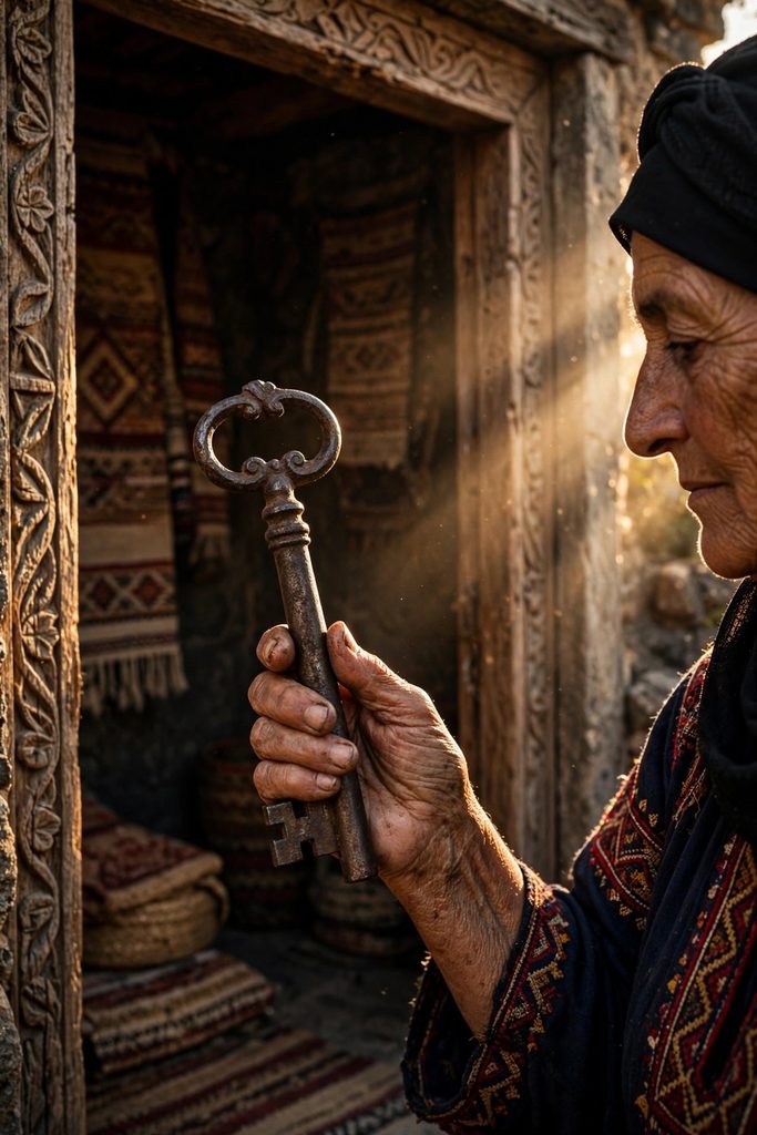 A close-up photograph focusing on the aged, weathered hands of an older Greek woman holding a large, antique iron key in a traditional wooden doorway.