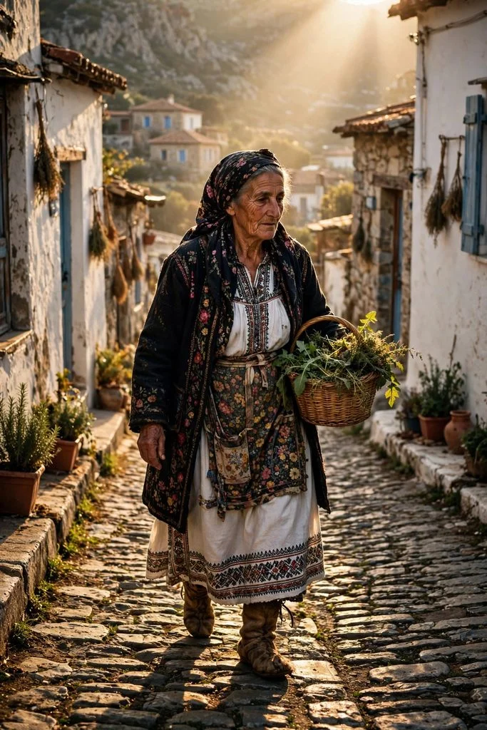 An older Greek woman in fully embroidered traditional white and black working dress and floral headscarf walks down a steep, whitewashed cobblestone village street carrying a basket.