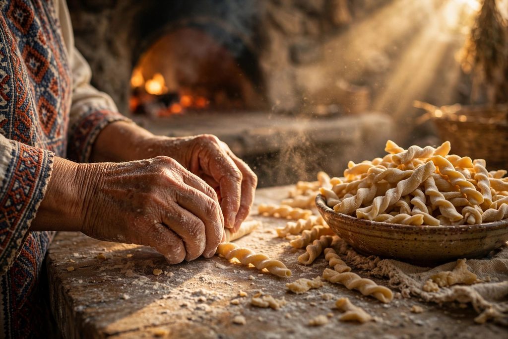 A close-up photograph focusing on a woman’s flour-dusted hands rolling traditional Greek pasta dough (makarounes) on a rustic wooden table.