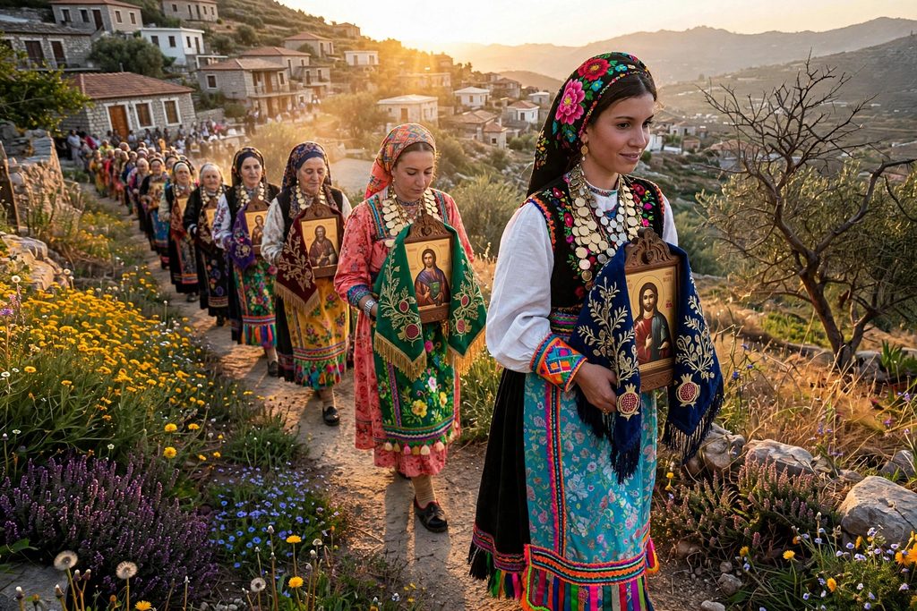 A low-angle photograph showing a procession of Greek women in elaborate traditional costumes and gold coin necklaces carrying religious icons along a flower-lined mountain path.