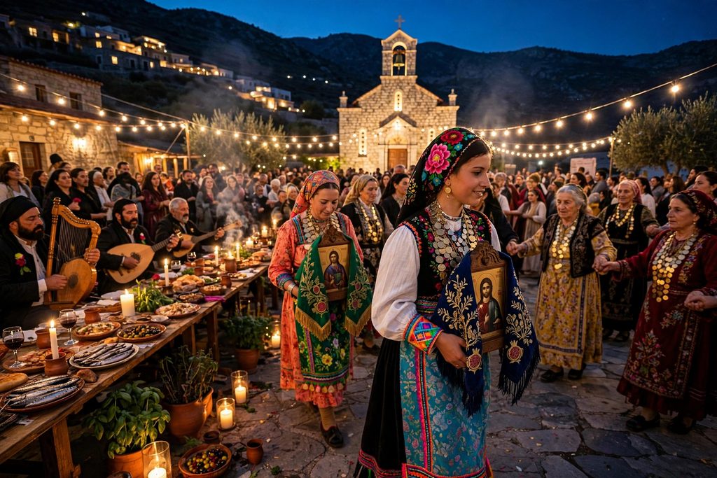 A nighttime photograph of a crowded Greek village square at night, where musicians play lutes and women in illuminated traditional gold-coin costumes perform a slow circle dance under warm string lights.