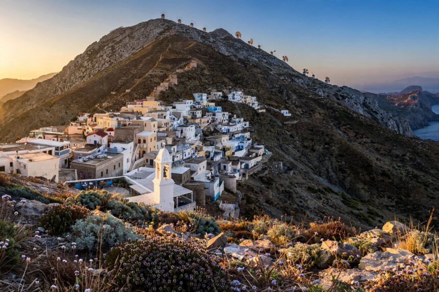 The colourful houses of Olympos village on Karpathos stacked along a steep ridge at sunset, with old stone windmills above and the sea below.
