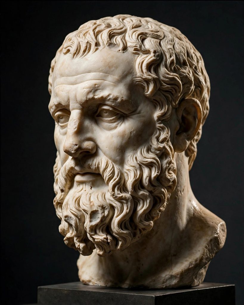 A Roman marble portrait bust of the philosopher Plato with a full beard and calm expression, lit softly against a dark background.