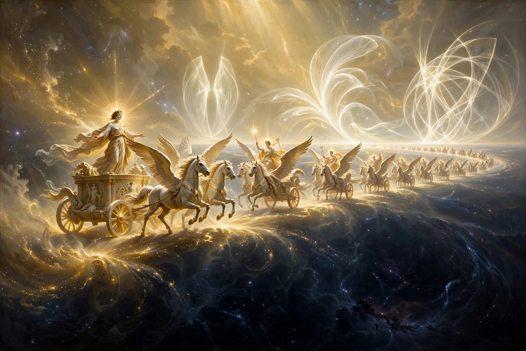 An ethereal painting showing glowing winged chariots journeying along the radiant edge of the cosmos toward a blinding horizon of pure divine light.