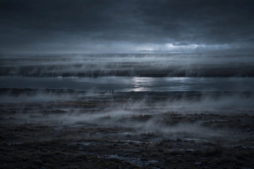 A dark, misty landscape at midnight showing shadowy figures walking across a desolate plain toward a silent, reflective river under a stormy sky.