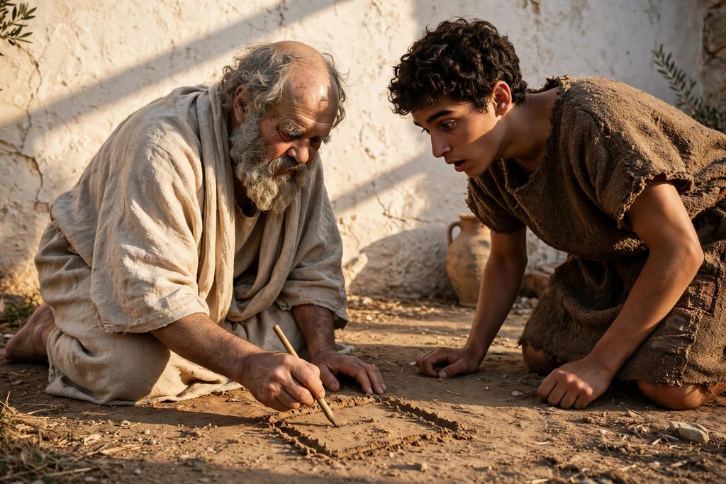 An ancient philosopher kneeling on the ground to draw geometric shapes in the dust for a young Greek boy, lit by warm afternoon sunlight.
