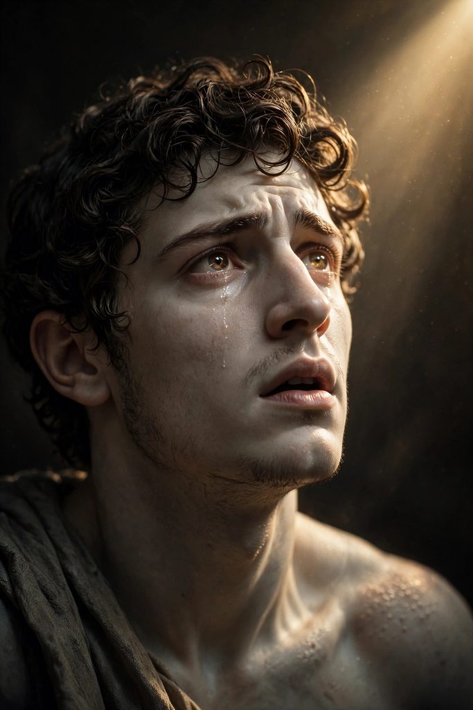 A close-up cinematic portrait of a young man illuminated by a sudden ray of golden light, capturing an expression of deep awe and emotional awakening.