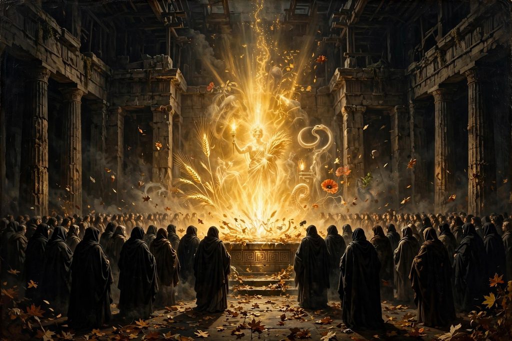 A dramatic painting of ancient Greek initiates inside a dark stone hall, suddenly illuminated by a blinding burst of golden light from the center.