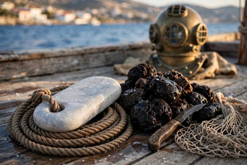 Marble skandalopetra diving stone tied to rope beside raw natural sponges, with an antique brass diving helmet behind