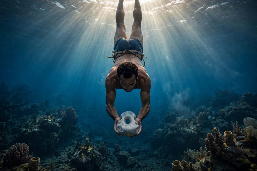 An underwater horizontal photograph of a Greek sponge diver holding a smooth marble stone as he descends through sunbeams in clear blue sea water.